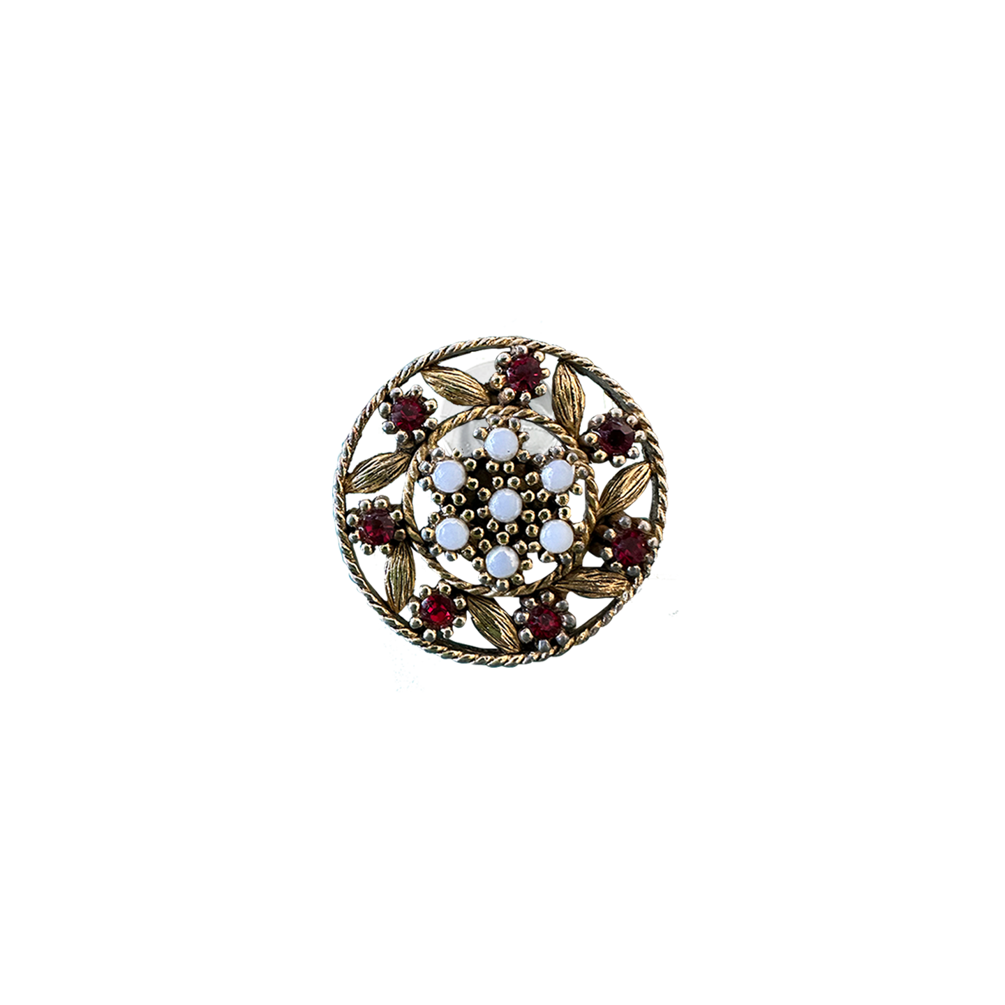 GARNET RHINESTONE FLORAL MEDALLION // BRASSY GOLD