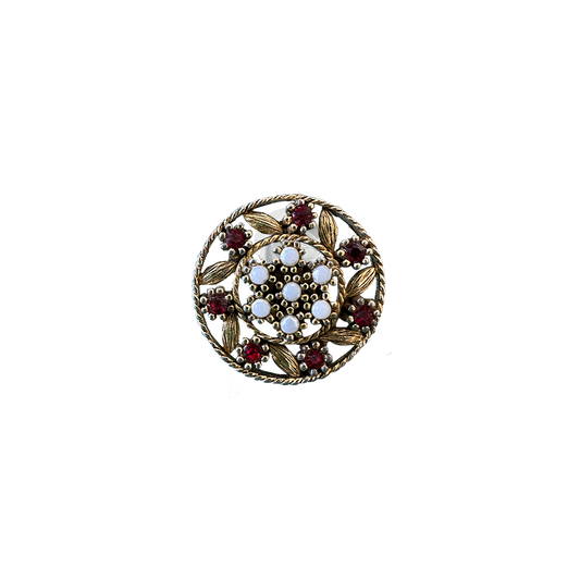 GARNET RHINESTONE FLORAL MEDALLION // BRASSY GOLD